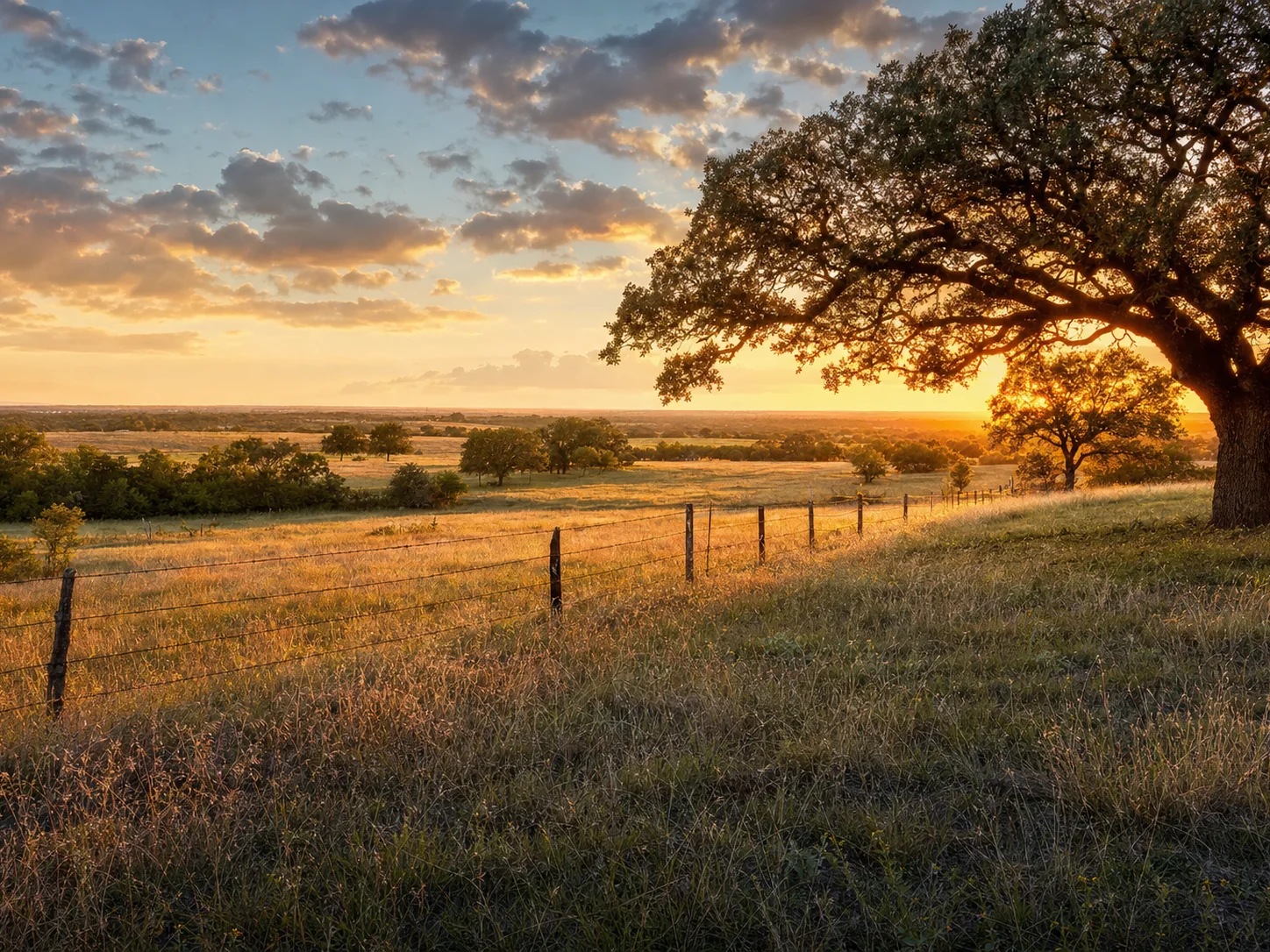 Open North Texas ranch land and acreage with a wire fence and a live oak at golden hour