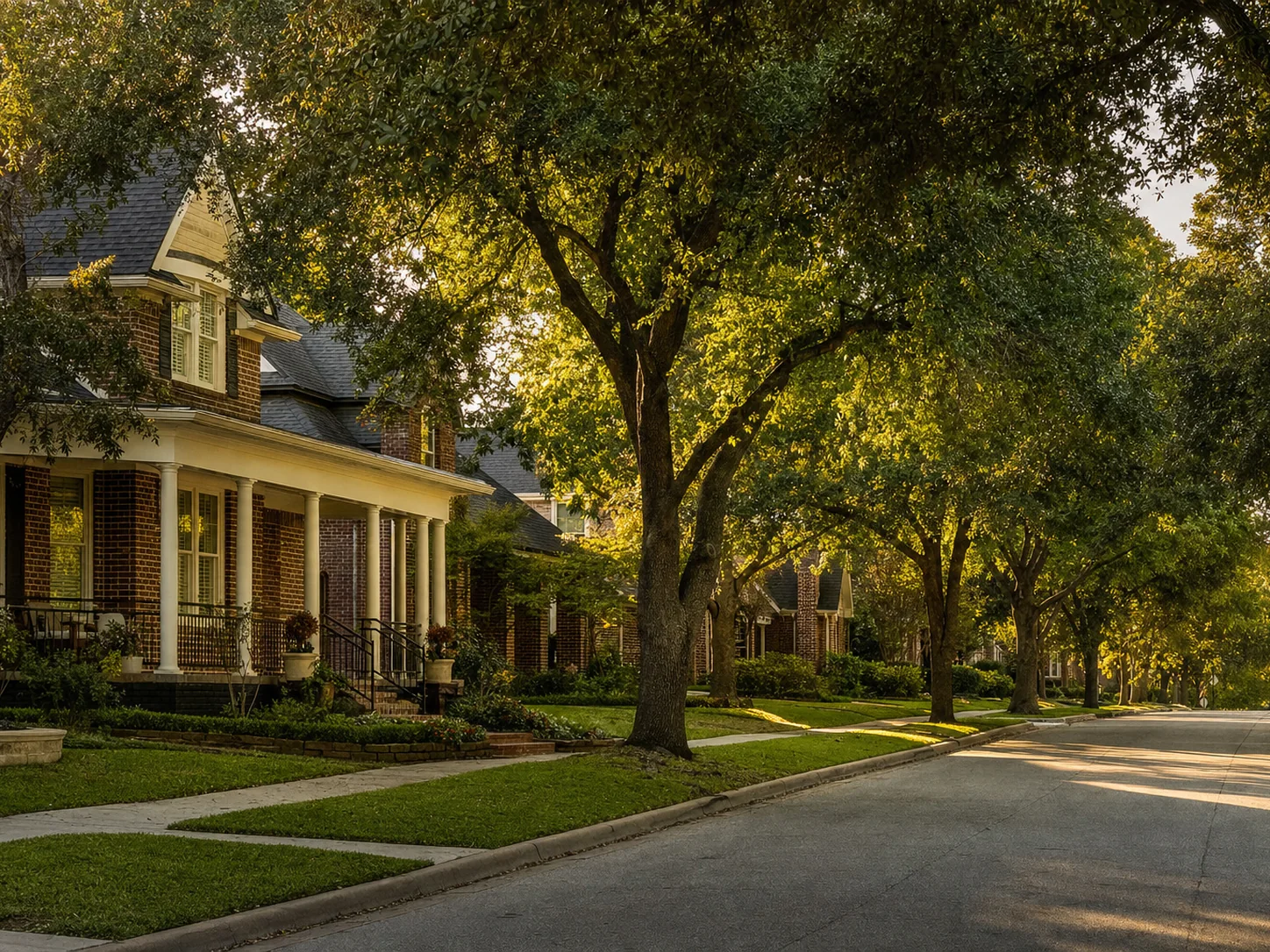 Established Fort Worth, Texas neighborhood with traditional brick porch homes on a tree-lined street